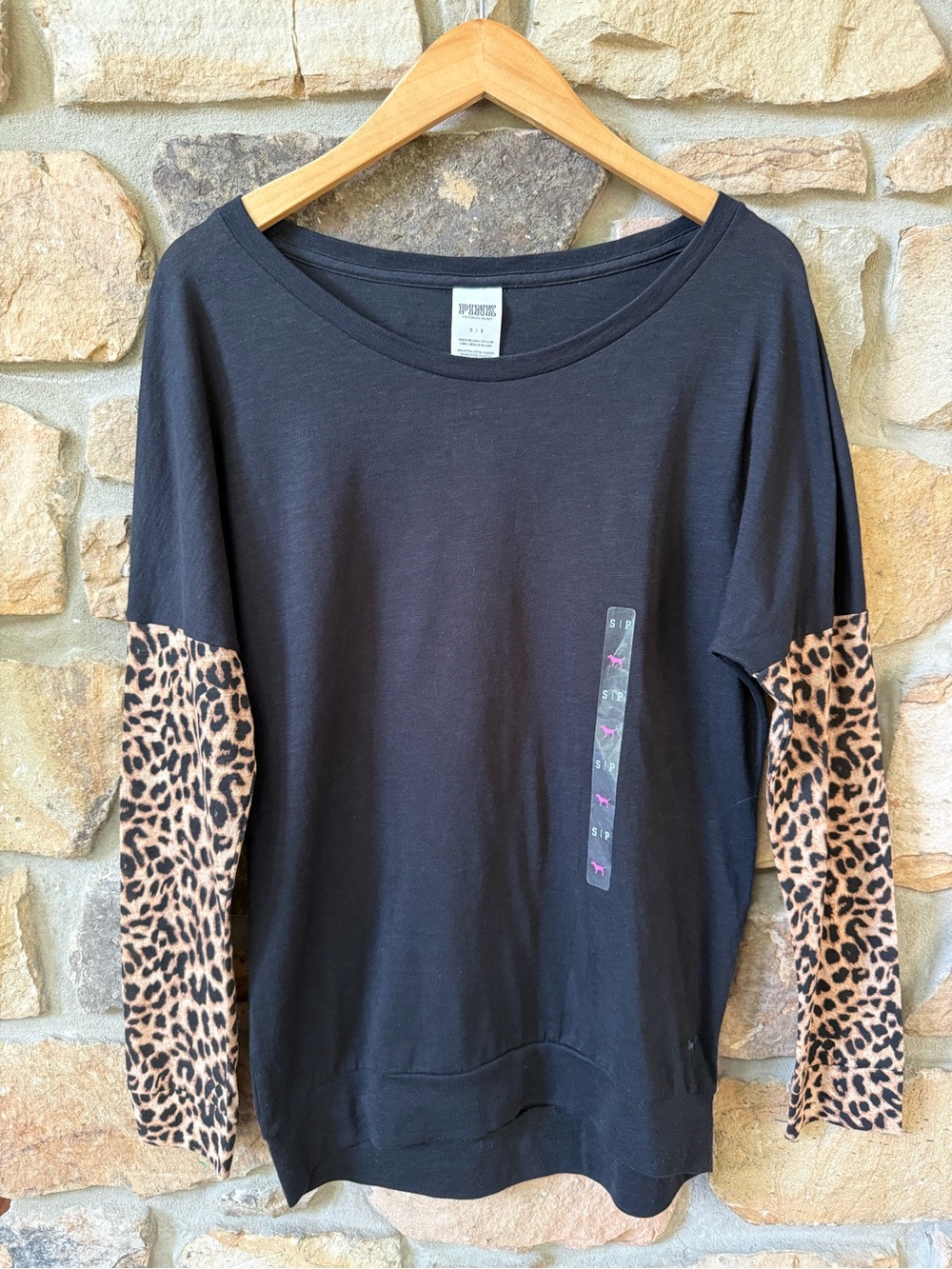 NWT PINK Victoria Secret Black Leopard Sleeve Women’s Pullover Top